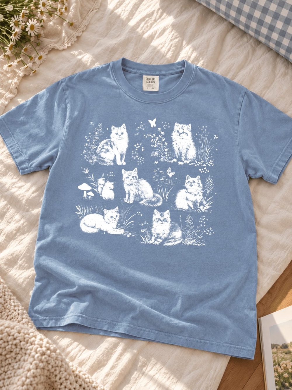 Comfort Colors Blue Jean Cats T-Shirt, Retro Kitten Nature Graphic Tee